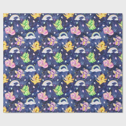 Pastell Niedliche Drachen und Regenbogen dunkelbla Geschenkpapier (Flach)