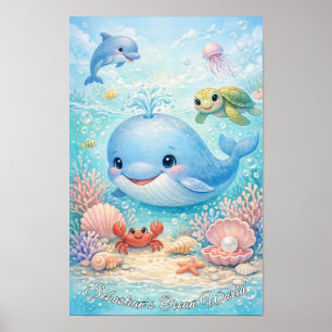 Pastell-Ozean-Tiere Junge Blauwal Delfin Schildkrö Poster