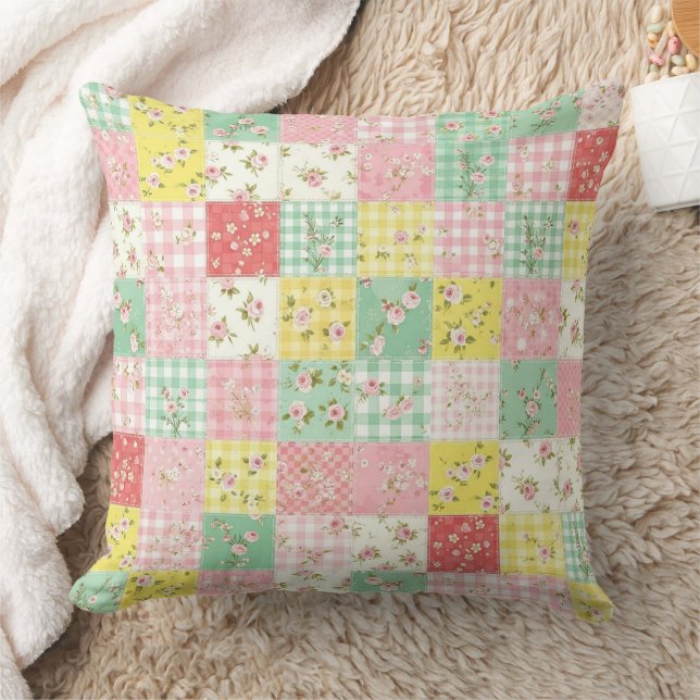 Pastell-Patchwork-Blumen-Gingham-Vintage-Cottage Kissen (Decke)