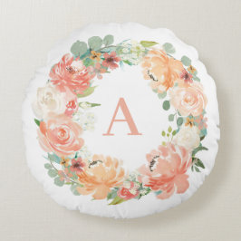 Pastell Peach Peonies Eucalyptus Wreath Monogram Rundes Kissen