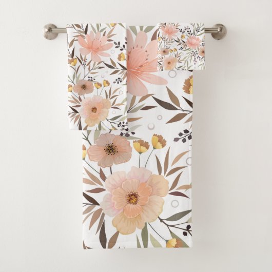 Pastell Peach Pink Olive Brown | Blumenmuster Badhandtuch Set (Insitu)
