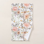 Pastell Peach Pink Olive Brown | Blumenmuster Badhandtuch Set (Handtuch)