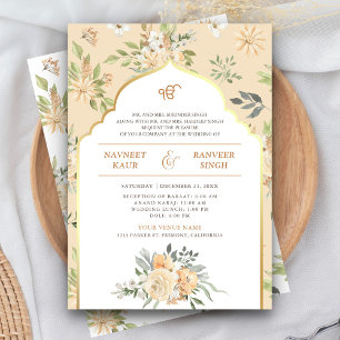 Pastell-Pfirsich-Blumen-Anand-Karaj-Sikh-Hochzeit Einladung