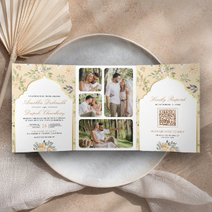 Pastell-Pfirsich-Blumen-QR-Code-Indische Hochzeit Dreifach Gefaltete Einladung