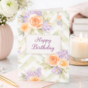 Pastell-Pfirsich-Lavendel-Blumen-Sage-Chevron-Gebu Karte