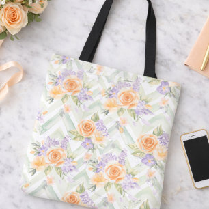 Pastell-Pfirsich-Lavendel-Blumen-Sage-Chevron-Tasc Tasche