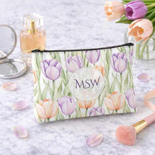 Pastell Pfirsich Lila Tulpen Monogramm Kosmetik Zubehörtasche