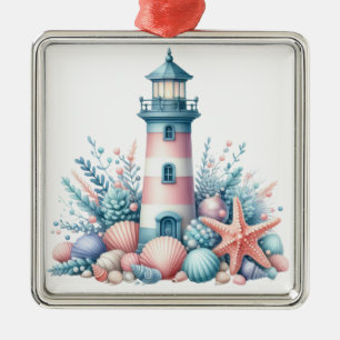 PASTELL PINK & BLAUE NAUTISCHE WEIHNACHTSLEUCHTTUR ORNAMENT AUS METALL