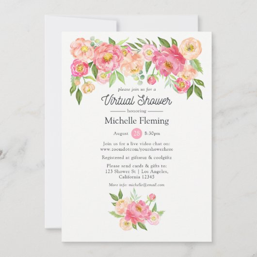 Pastell Pink Floral Virtual Baby oder Brautparty Einladung (Vorderseite)