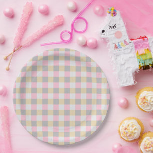 Pastell-Pink-Gelb-Grau-Karo Pappteller