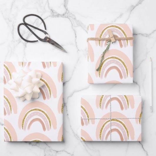 Pastell Pink & Imitate Glitzer Boho Rainbow Muster Geschenkpapier Set (Vorderseite)