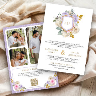 Pastell-Pink-Lila-Blumen-QR-Code-Wappen-Hochzeit Einladung