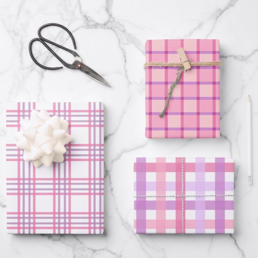 Pastell Pink Lila Kariert Checkered Gingham Geschenkpapier Set (Vorderseite)