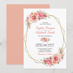 Pastell Pink Peach Rose Floral   Goldrahmen-Hochze Einladung