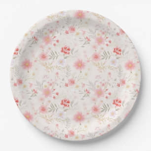 Pastell-Pink-Rot-Weiße-Blumen-Muster Pappteller