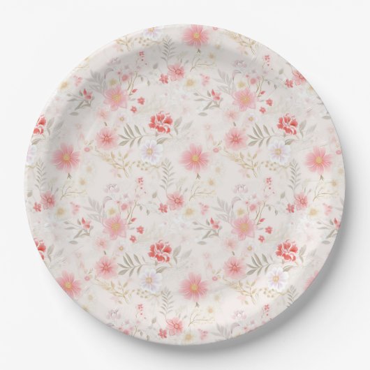 Pastell-Pink-Rot-Weiße-Blumen-Muster Pappteller (Vorderseite)