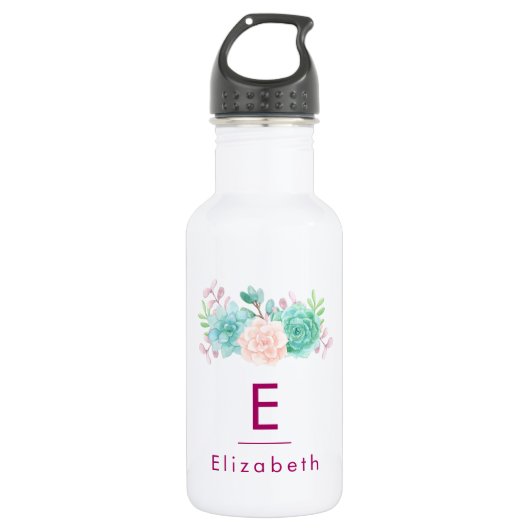 Pastell Pink und grüne BlumenBouquet mit Monogramm Trinkflasche (Vorderseite)