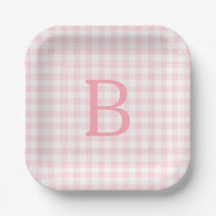 Pastell Pink und White Gingham Mit Monogramm Pappteller