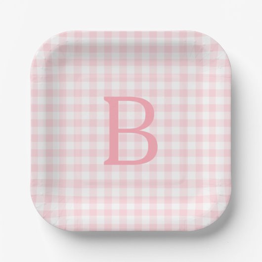 Pastell Pink und White Gingham Mit Monogramm Pappteller (Vorderseite)
