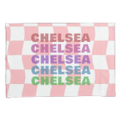 Pastell Pink White Checkerboard Name Typografie Kissenbezug (Vorderseite-Rechts)
