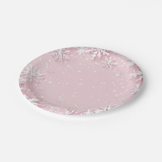 Pastell Pink Winter Wonderland Schneeflocke Pappteller (Schrägansicht)