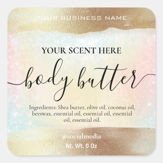 Pastell Rainbow Glitzer Gold Body Butter Quadratischer Aufkleber (Vorderseite)