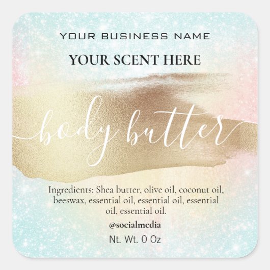 Pastell Rainbow Glitzer Gold Body Butter Quadratischer Aufkleber (Vorderseite)