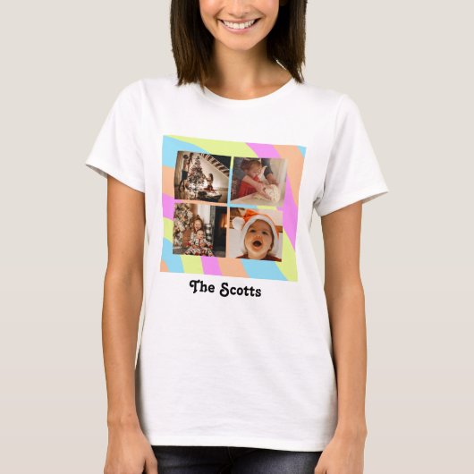 Pastell Rainbow Personalisierbare Texte und 4 Foto T-Shirt (Vorderseite)