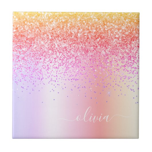 Pastell Rainbow Pink Gold Lila Glitzer Monogramm Fliese (Vorderseite)