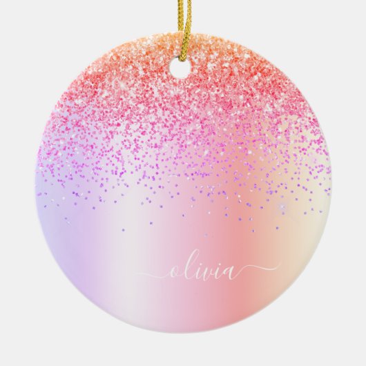 Pastell Rainbow Pink Gold Lila Glitzer Monogramm Keramik Ornament (Vorne)