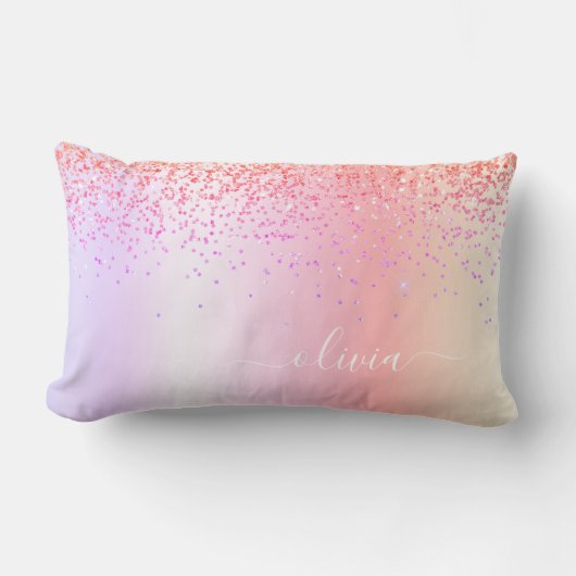 Pastell Rainbow Pink Gold Lila Glitzer Monogramm Lendenkissen (Vorderseite)