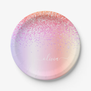 Pastell Rainbow Pink Gold Lila Glitzer Monogramm Pappteller