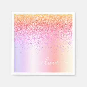 Pastell Rainbow Pink Gold Lila Glitzer Monogramm Serviette