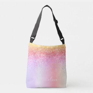 Pastell Rainbow Pink Gold Lila Glitzer Monogramm Tragetaschen Mit Langen Trägern