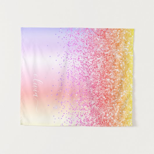 Pastell Rainbow Pink Gold Lila Glitzer Monogramm Wandteppich (Vorderseite (Horizontal))