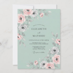 Pastell-Ranunculus-Eukalyptus-Hochzeit in Mint Einladung
