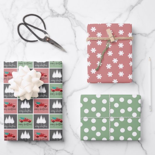 Pastell Red und Green Christmas Red LKW Muster Geschenkpapier Set (Vorderseite)