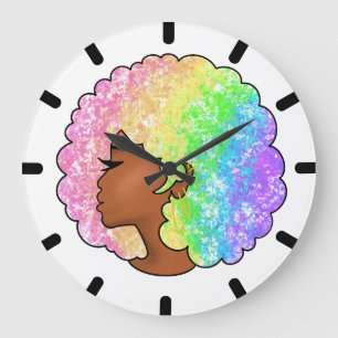 Pastell-Regenbogen-Afro-Porträt Groovy Retro Locke Große Wanduhr