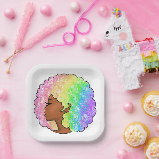 Pastell-Regenbogen-Afro-Porträt Groovy Retro Locke Pappteller