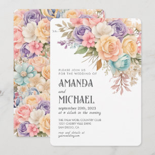 Pastell-Regenbogen-Blumen-Romantische-Hochzeit Einladung