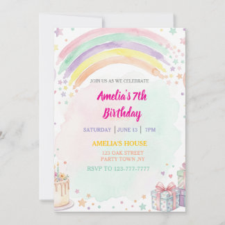 Pastell-Regenbogen-Geburtstag im Wasserfarben-Stil Einladung