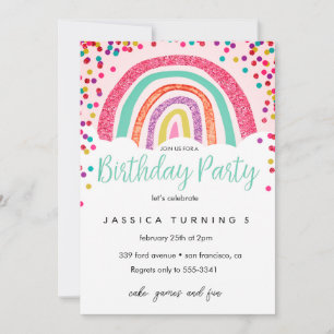 Pastell Regenbogen Glitter Kinder Geburtstagsfeier Einladung
