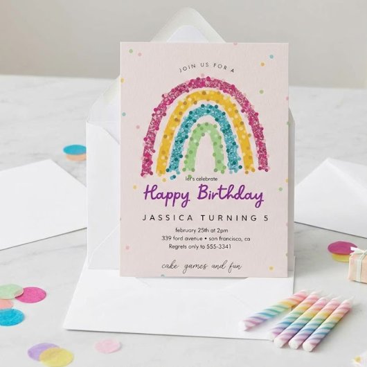 Pastell Regenbogen Glitter Kinder Geburtstagsfeier Einladung