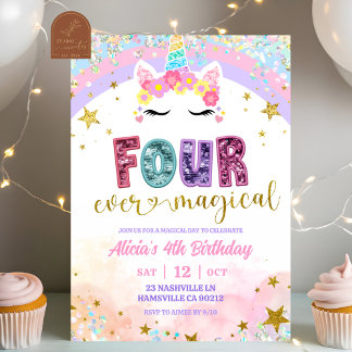 Pastell Regenbogen Magisches Einhorn 4. Geburtstag Einladung