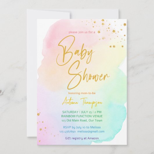 Pastell Regenbogen ombre Glitzer Babydusche Einladung (Vorderseite)