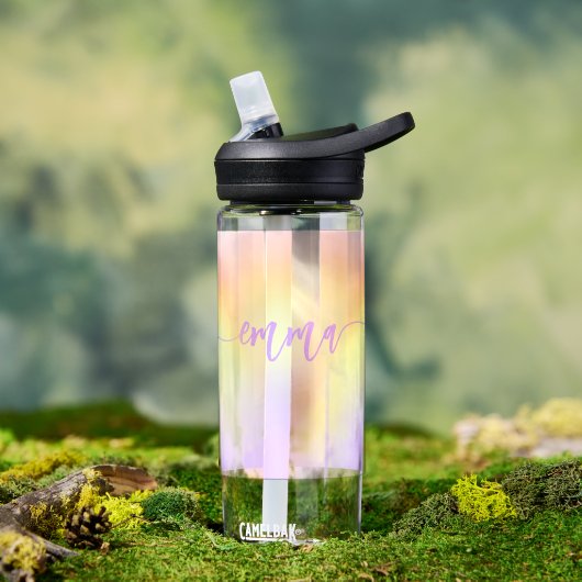 Pastell Regenbogen personalisierter Skriptname Trinkflasche (Außenbereich)