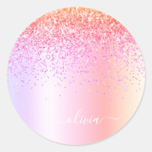 Pastell-Regenbogen Rosa Gold Lila Glitter Monogram Runder Aufkleber