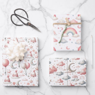 Pastell-Regenbogen & Wolken-Himmel-Babygeschenk  Geschenkpapier Set