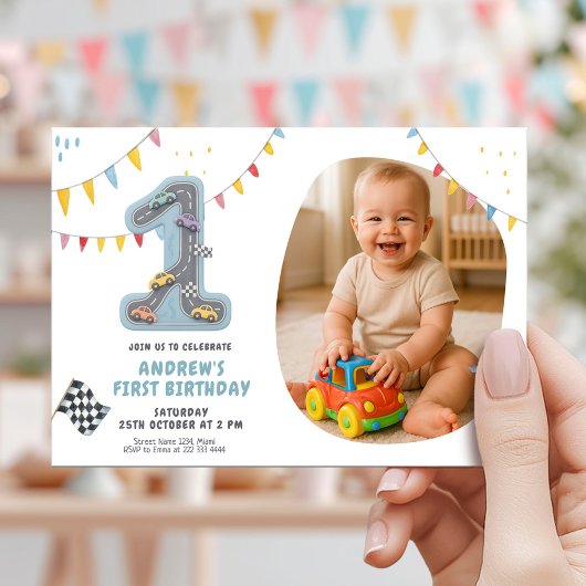 Pastell-Rennstrecke Erster Geburtstag Einladung
