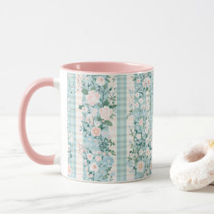 Pastell-Rosa-Blau-Aquarell-Blumen Gingham Tasse